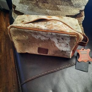 Genuine Leather Tan and Brown with Blue acid wash Toiletry Bag